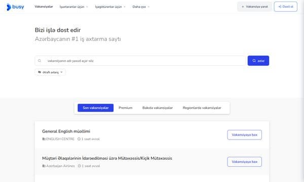 Busy.az layihəsinin ana səhifəsi